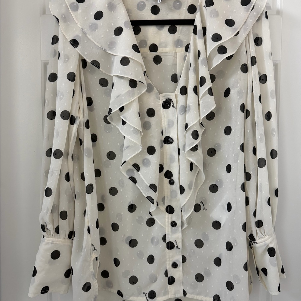 Ganni Black and White Polka Dot Ruffle Blouse